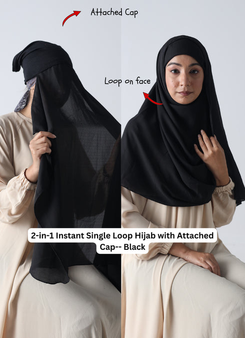 2-in-1 Instant Single Loop Hijab with Attached Cap -- Black