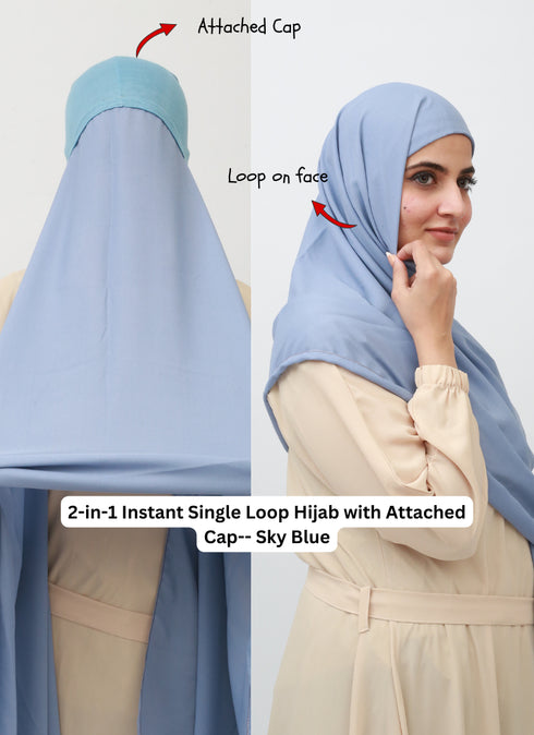 2-in-1 Instant Single Loop Hijab with Attached Cap -- Sky Blue