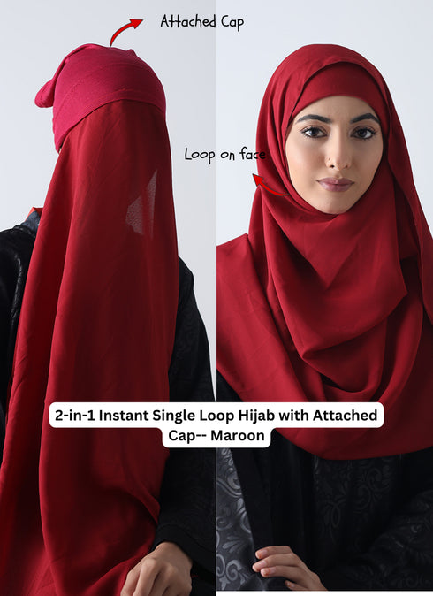 2-in-1 Instant Single Loop Hijab with Attached Cap -- Maroon