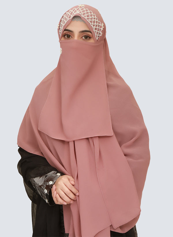 Cut Dana Work Embroidered Hijab Niqab Set - Tea Pink