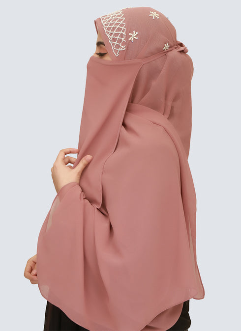Cut Dana Work Embroidered Hijab Niqab Set - Tea Pink