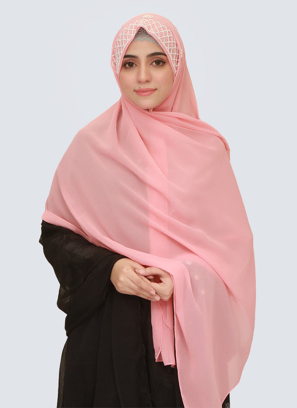 Cut Dana Work Embroidered Hijab Niqab Set - Rose Pink