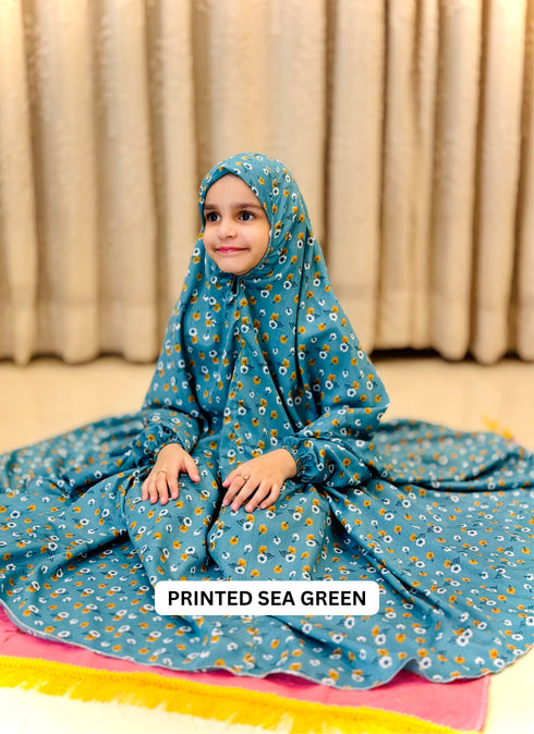 Kids Namaz Chadar -Medium- (For 3 Till 8 Year Old Kid) -- Printed Sea Green
