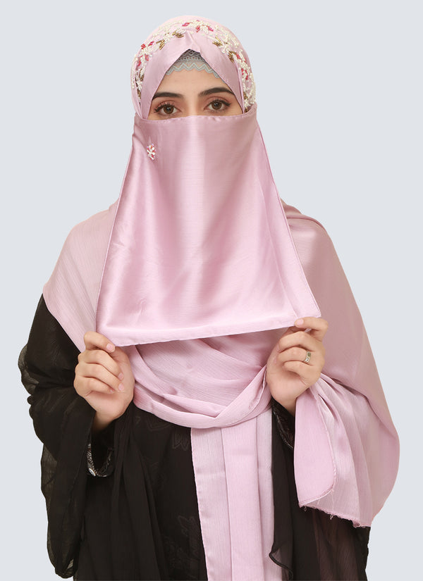 Pearl Embroidered Hijab Niqab Set - Pink