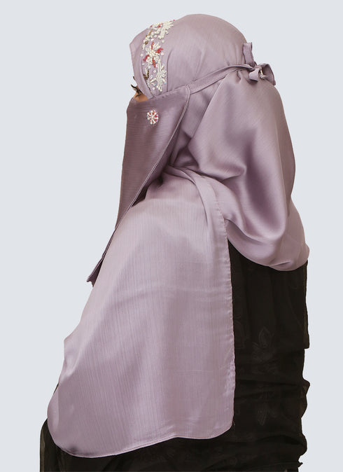 Pearl Embroidered Hijab Niqab Set - Purple