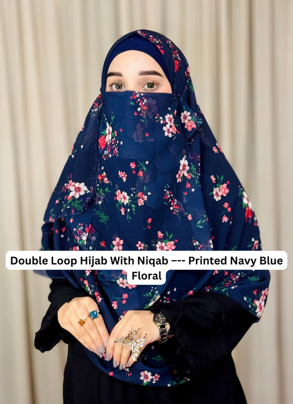 Double Loop Hijab With Attached Niqab - Printed Navy Blue Floral