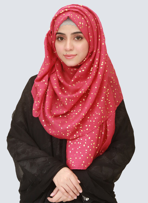 Lawn Hijabs With Golden Dotted Embossed Design -Pink