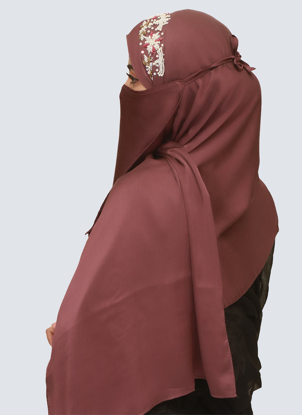 Pearl Embroidered Hijab Niqab Set - Eggplant