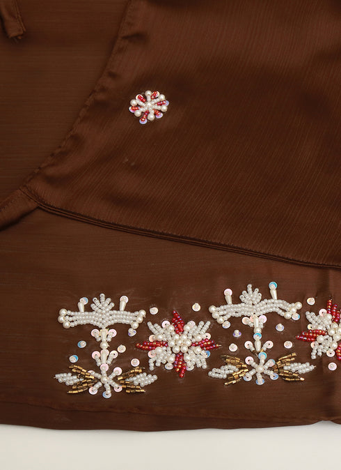 Pearl Embroidered Hijab Niqab Set - Brown