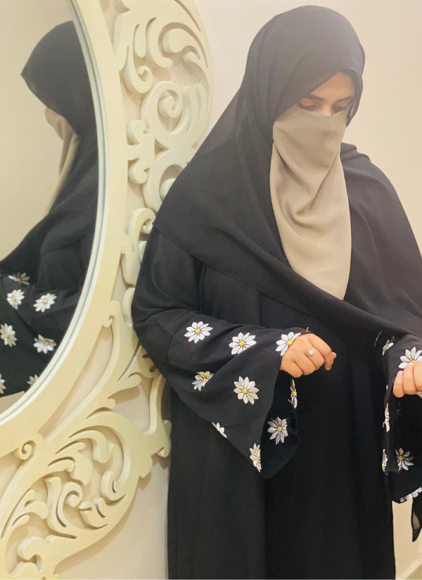 Sunflower Embroidered Abaya – Black Color
