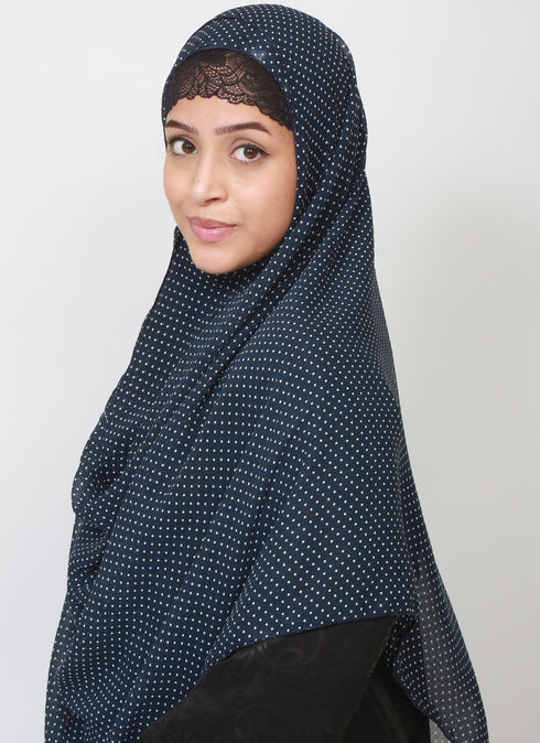 Double Loop Hijab Without Niqab--Printed Navy Blue Dotted