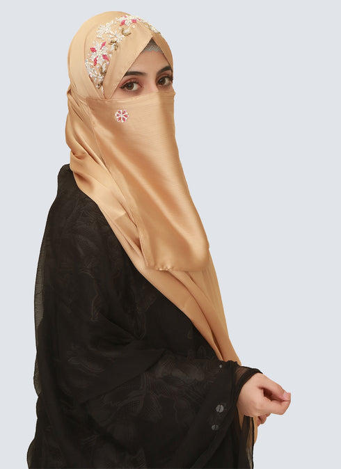 Pearl Embroidered Hijab Niqab Set - Beige
