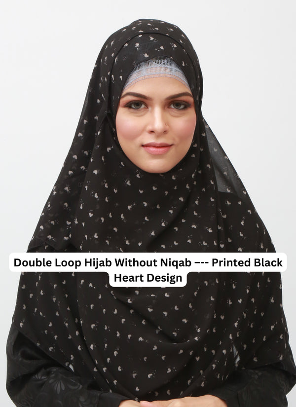 Double Loop Hijab Without Niqab--Printed Black Heart Design