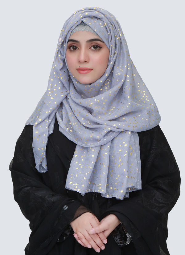 Lawn Hijabs With Golden Dotted Embossed Design -Iced Blue