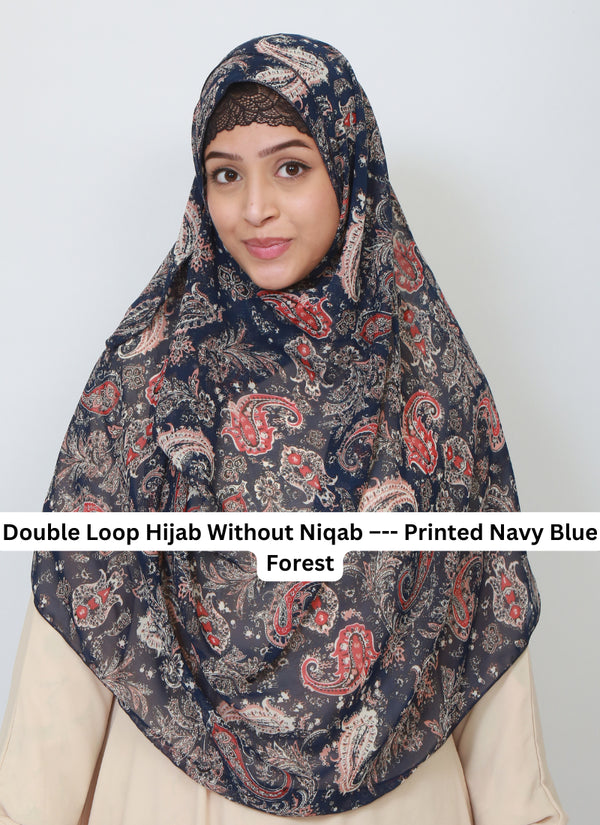 Double Loop Hijab Without Niqab--Printed Navy Blue Forest