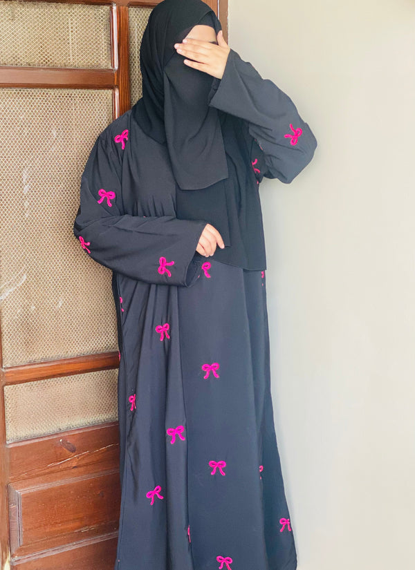Pink Bow Embroidered Abaya In Black Color– Elegant and Playful