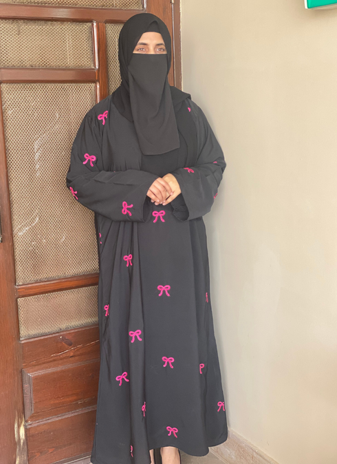 Pink Bow Embroidered Abaya In Black Color– Elegant and Playful