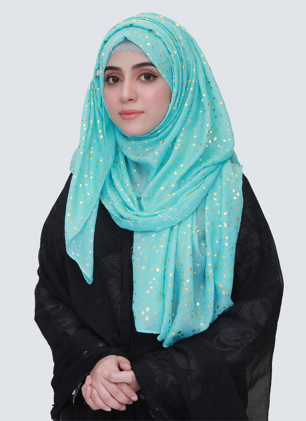 Lawn Hijabs With Golden Dotted Embossed Design -Daisy Green
