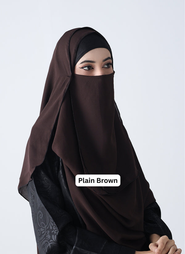 Double Loop Hijab With Attached Niqab -- Plain Dark Brown