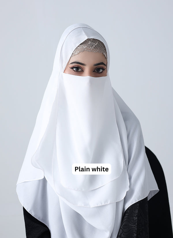 Double Loop Hijab With Attached Niqab -- Plain White
