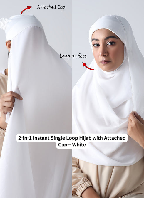 2-in-1 Instant Single Loop Hijab with Attached Cap -- Off White