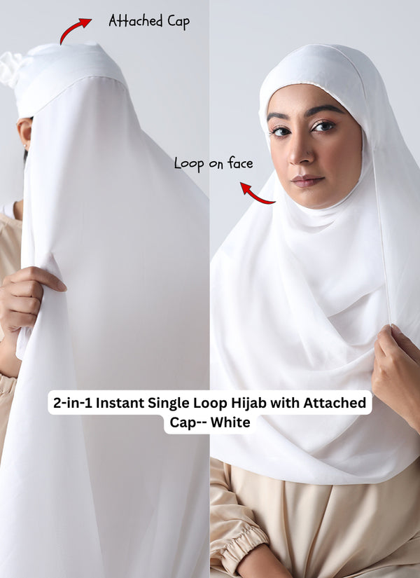 2-in-1 Instant Single Loop Hijab with Attached Cap -- Off White