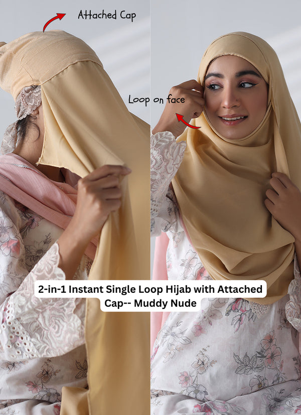 2-in-1 Instant Single Loop Hijab with Attached Cap -- Muddy Nude
