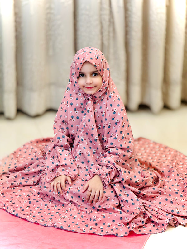 Kids Namaz Chaddar -Medium- (For 3 Till 8 Year Old Kid) -- Printed Tea Pink