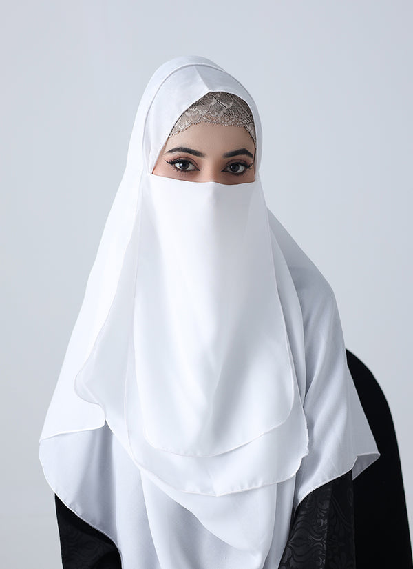 Double Loop Hijab With Attached Niqab -- Plain White