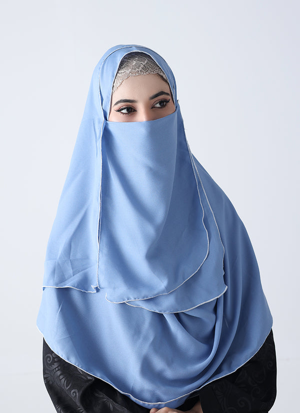 Double Loop Hijab With Attached Niqab -- Plain Sky Blue