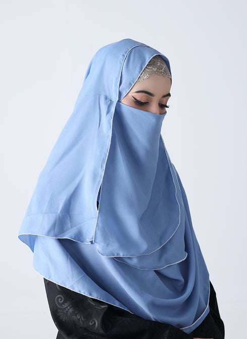 Double Loop Hijab With Attached Niqab -- Plain Sky Blue