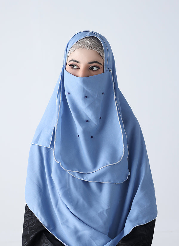 Double Loop Hijab With Pearl Niqab - Sky Blue