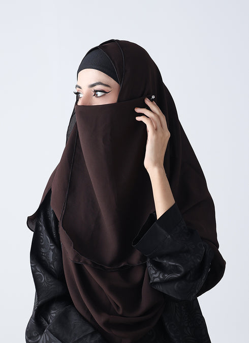 Double Loop Hijab With Attached Niqab -- Plain Dark Brown