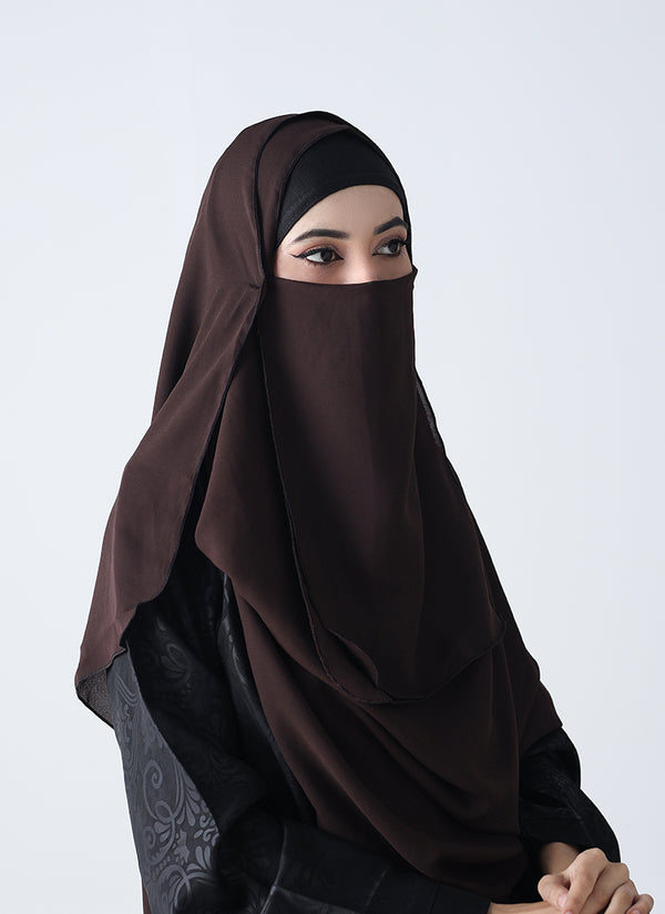 Double Loop Hijab With Attached Niqab -- Plain Dark Brown