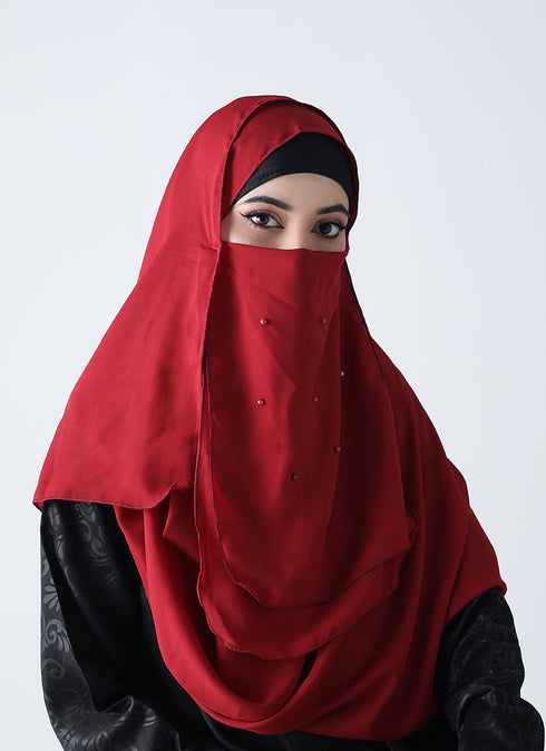 Double Loop Hijab With Pearl Niqab - Maroon