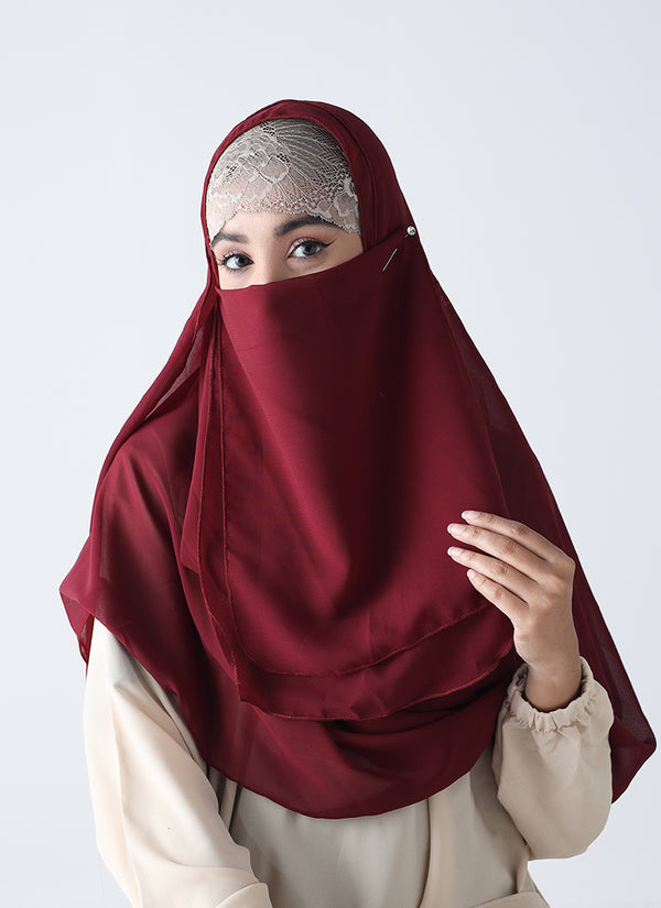 Double Loop Hijab With Attached Niqab -- Plain Maroon