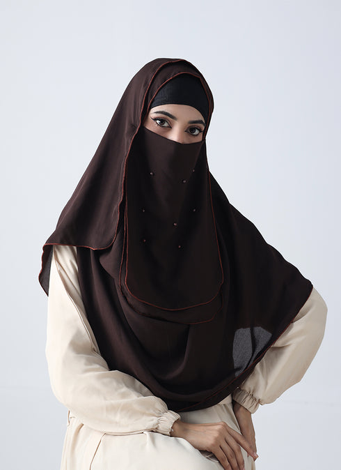 Double Loop Hijab With Pearl Niqab - Dark Brown