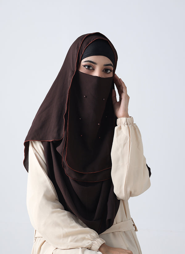 Double Loop Hijab With Pearl Niqab - Dark Brown