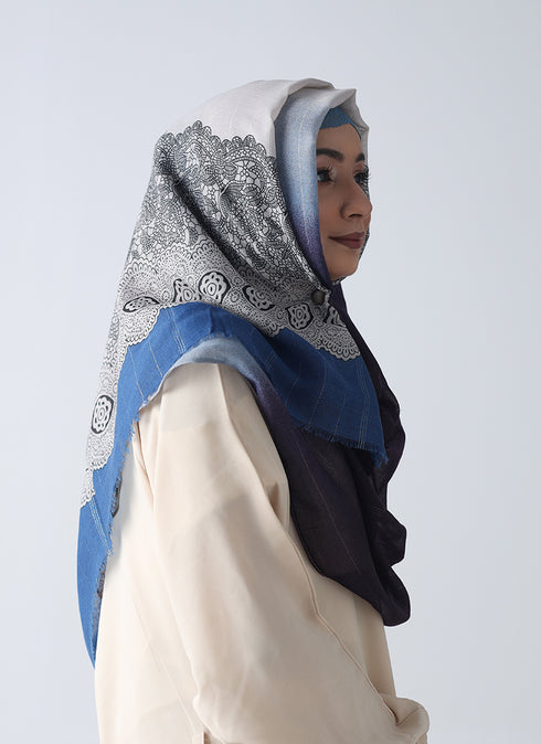 Printed Lawn Stollers With Border Embossed Design-Blue & Grey