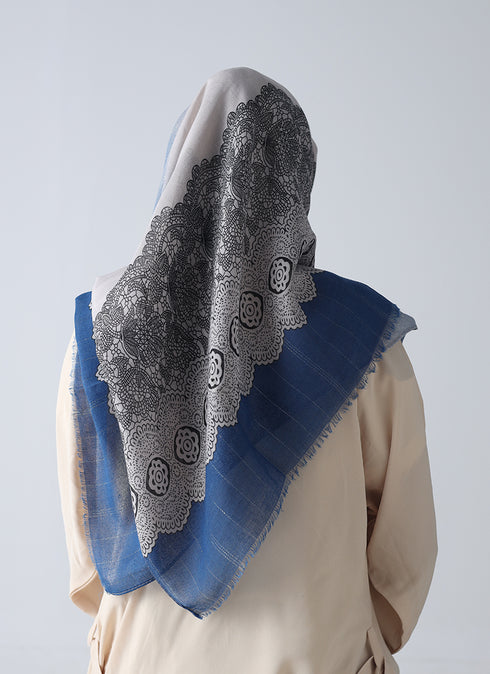 Printed Lawn Stollers With Border Embossed Design-Blue & Grey