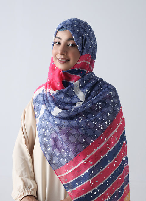 Lawn Hijabs with silver dotted embossed Prints - Blue