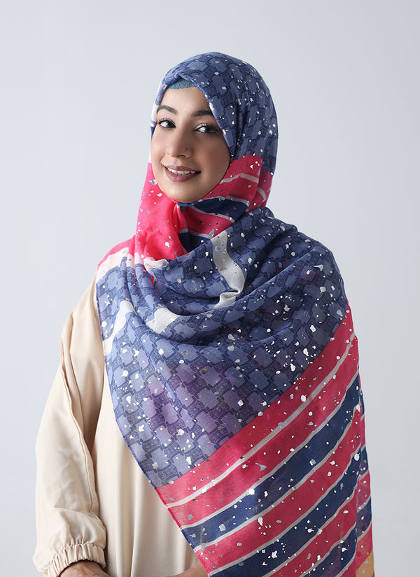 Lawn Hijabs with silver dotted embossed Prints - Blue
