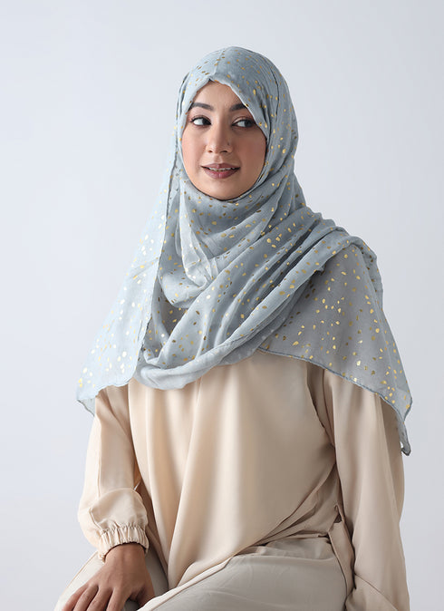 Lawn Hijabs With Golden Dotted Embossed Design-Grey