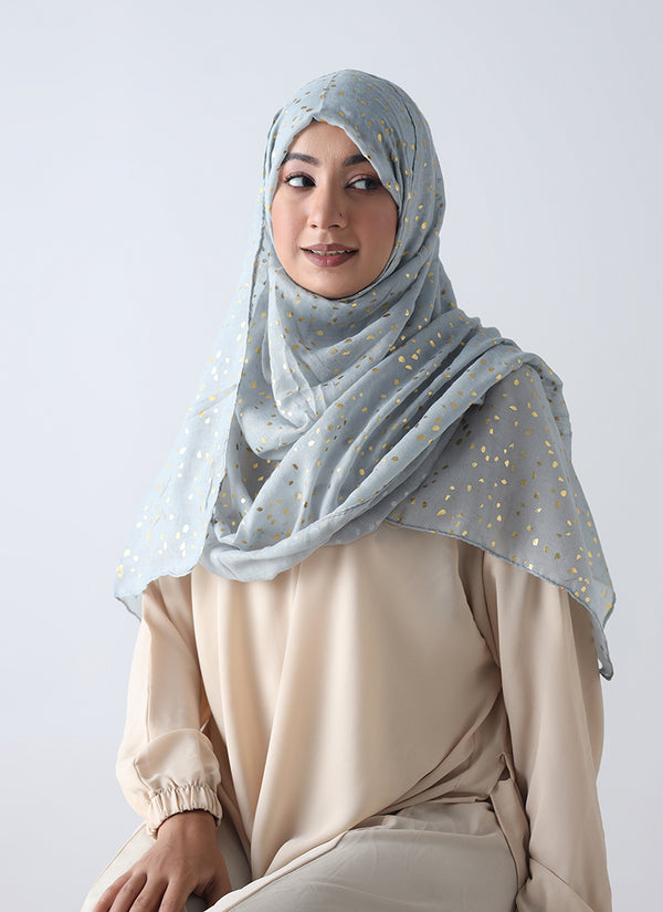 Lawn Hijabs With Golden Dotted Embossed Design-Grey