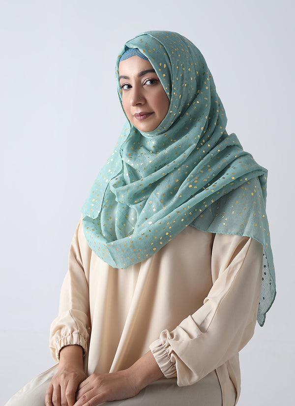 Lawn Hijabs With Golden Dotted Embossed Design-Sea Green