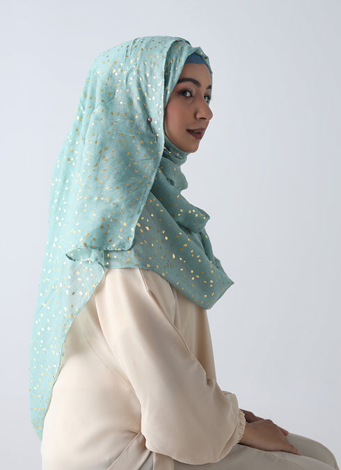 Lawn Hijabs With Golden Dotted Embossed Design-Sea Green