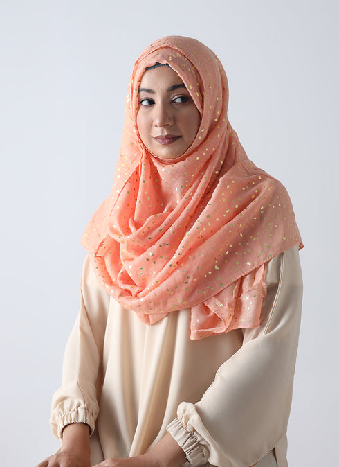 Lawn Hijabs With Golden Dotted Embossed Design-Orange