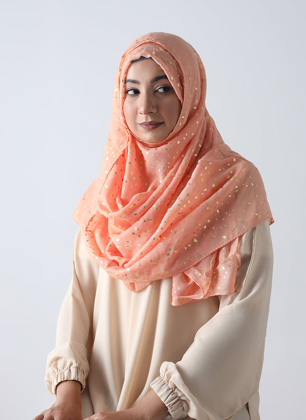 Lawn Hijabs With Golden Dotted Embossed Design-Orange
