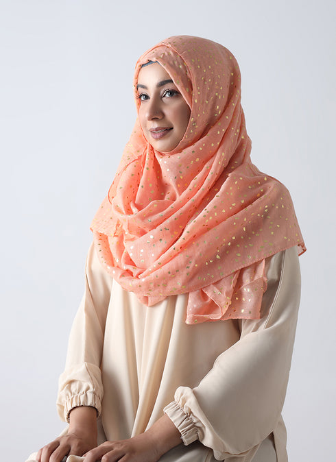 Lawn Hijabs With Golden Dotted Embossed Design-Orange