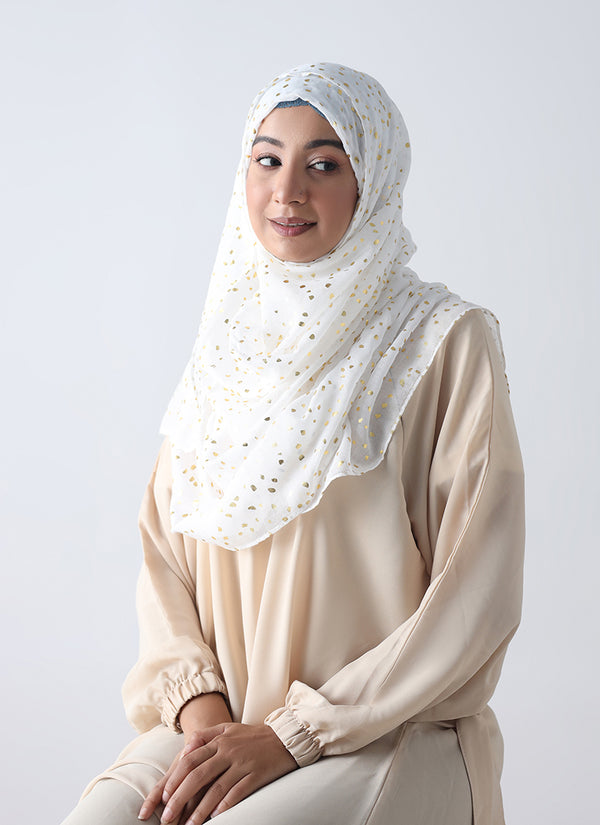 Lawn Hijabs With Golden Dotted Embossed Design-White
